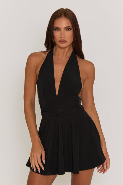 PIPPA MINI DRESS – BLACK HALTER PLUNGE NECK